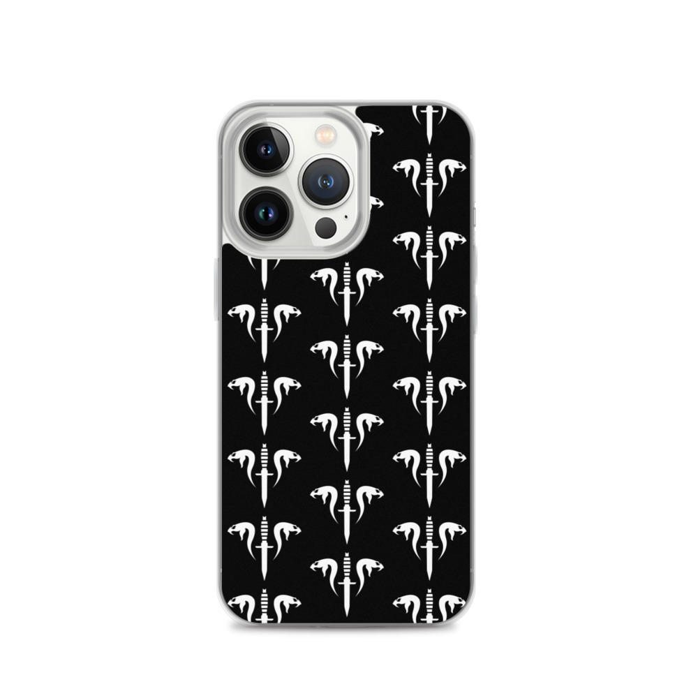 Image of a black Sniper Elite 5 iphone 13 pro case with the Mercenaries faction emblem going down the case in three rows
