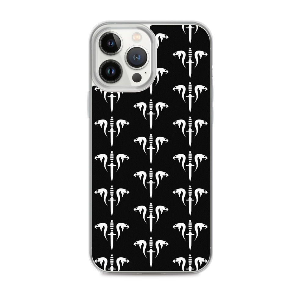 Image of a black Sniper Elite 5 iphone 13 pro max case with the Mercenaries faction emblem going down the case in three rows
