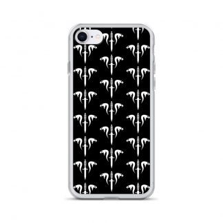 Image of a black Sniper Elite 5 iphone 7-8 case with the Mercenaries faction emblem going down the case in three rows