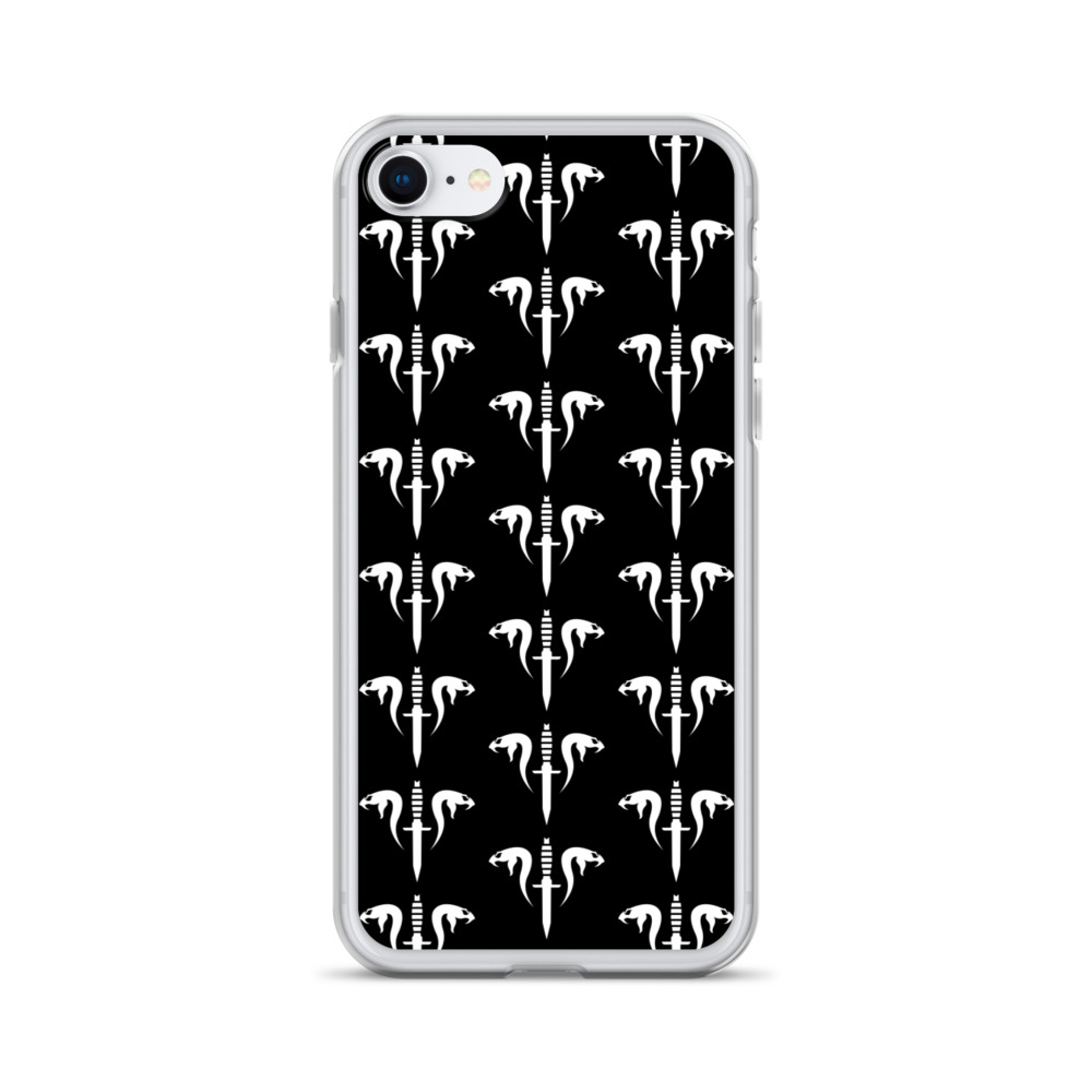 Image of a black Sniper Elite 5 iphone 7-8 case with the Mercenaries faction emblem going down the case in three rows