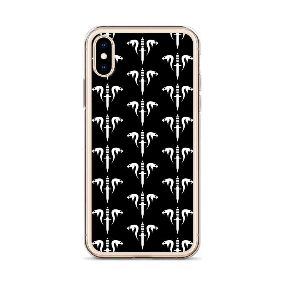 Image of a black with gold boarder Sniper Elite 5 iphone x-xs case with the Mercenaries faction emblem going down the case in three rows