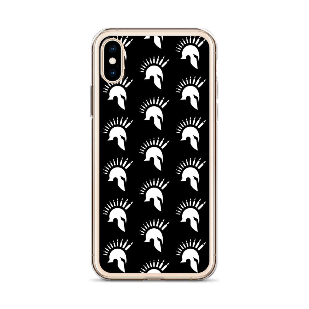 Image of a black with gold boarder Sniper Elite 5 iphone x - xs case with the Warriors faction emblem going down the case in three rows