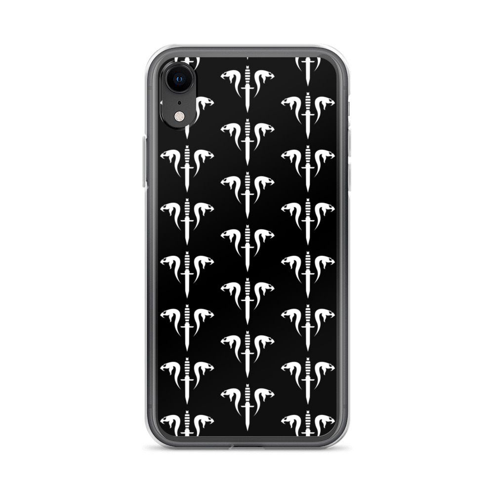 Image of a black Sniper Elite 5 iphone xr case with the Mercenaries faction emblem going down the case in three rows
