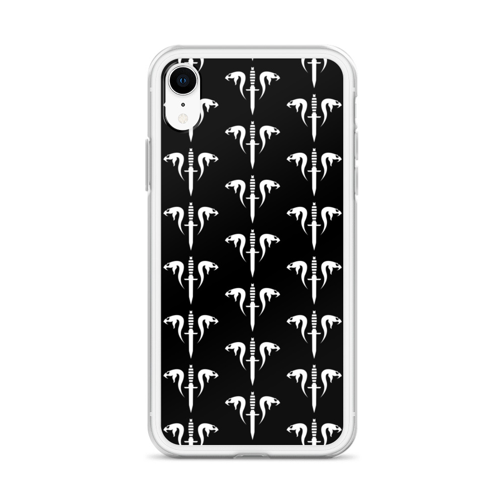 Image of a black with white boarder Sniper Elite 5 iphone xr case with the Mercenaries faction emblem going down the case in three rows