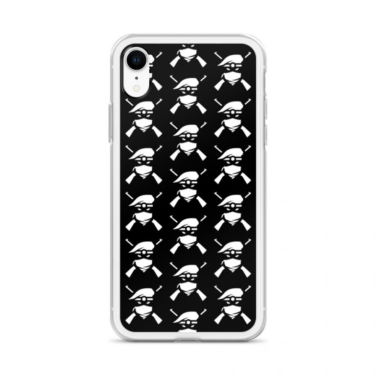 Image of a black with white boarder Sniper Elite 5 iphone xr case with the Renegades faction emblem going down the case in three rows