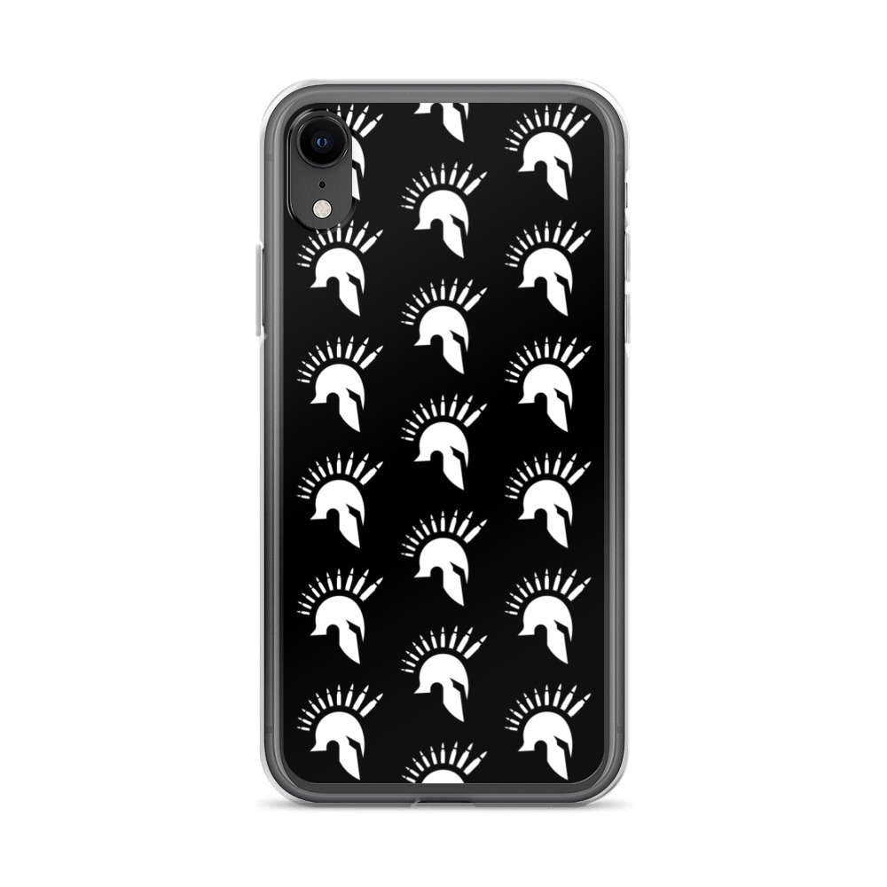 Image of a black Sniper Elite 5 iphone xr case with the Warriors faction emblem going down the case in three rows