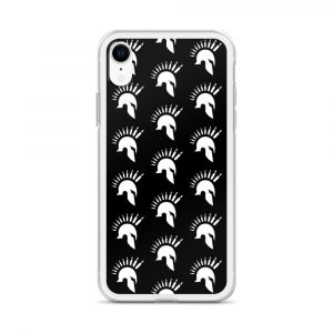 Image of a black with white boarder Sniper Elite 5 iphone xr case with the Warriors faction emblem going down the case in three rows