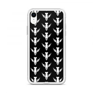 Image of a black with white boarder Sniper Elite 5 iphone xr case with the Commandos faction emblem going down the case in three rows