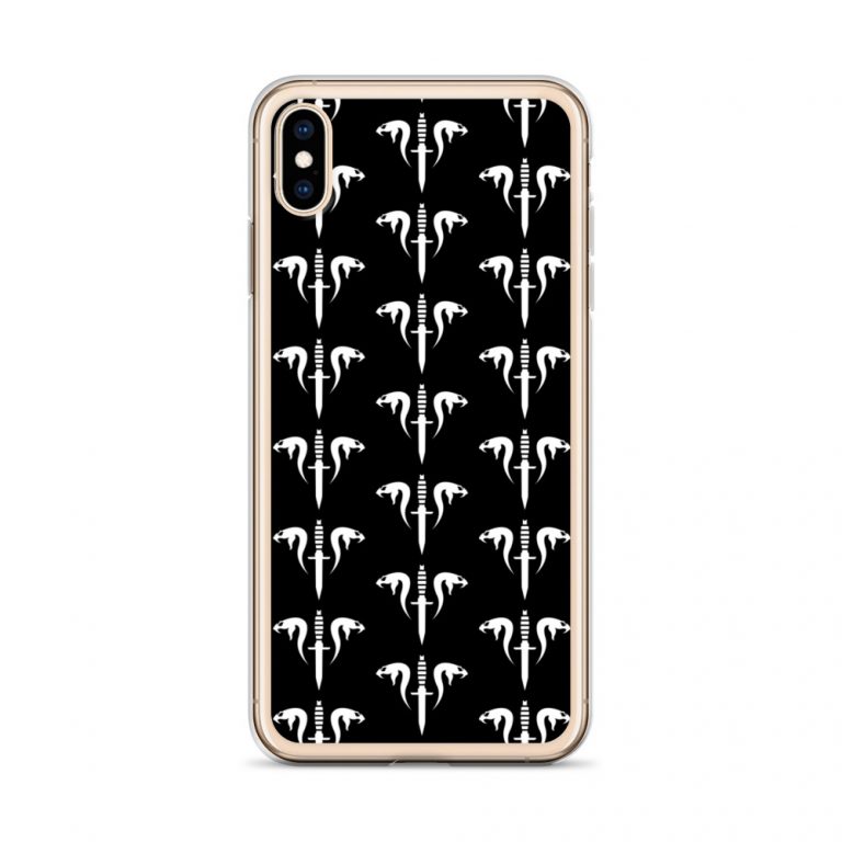 Image of a black with gold boarder Sniper Elite 5 iphone xs max case with the Mercenaries faction emblem going down the case in three rows