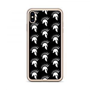 Image of a black with gold boarder Sniper Elite 5 iphone xs max case with the Warriors faction emblem going down the case in three rows