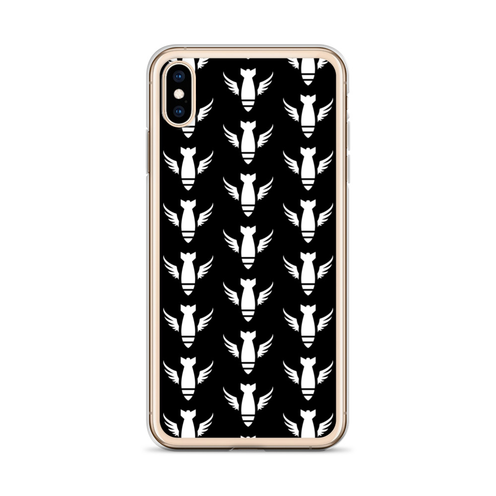 Image of a black with gold boarder Sniper Elite 5 iphone xs max case with the Commandos faction emblem going down the case in three rows