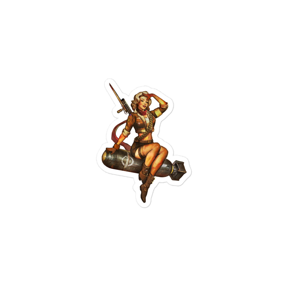 Image of a 3 x 3 sticker of retro pinup girl sitting on bomb with a rifle on her back and ammo reels over her shoulder