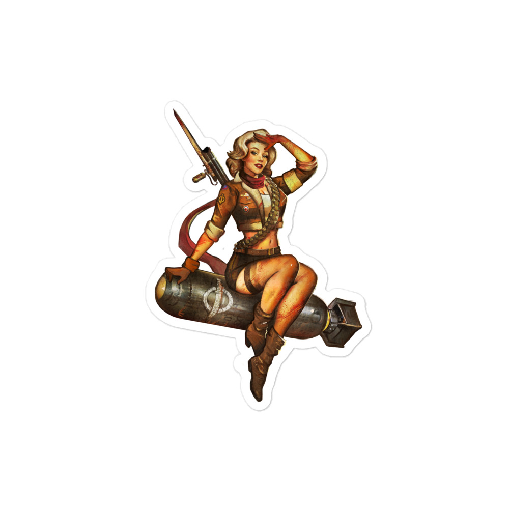 Image of a 4 x 4 sticker of retro pinup girl sitting on bomb with a rifle on her back and ammo reels over her shoulder