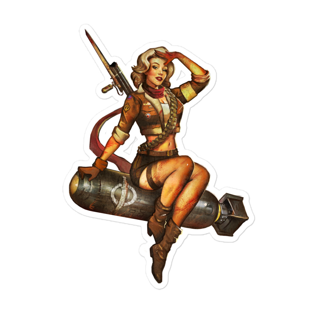 Image of a 5.5 x 5.5 sticker of retro pinup girl sitting on bomb with a rifle on her back and ammo reels over her shoulder