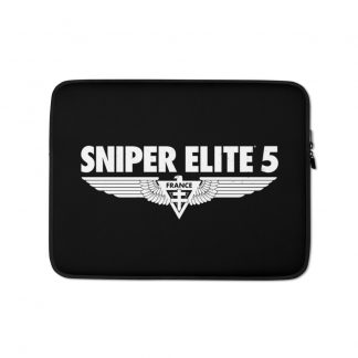 Black laptop sleeve with white "Sniper Elite 5" eagle logo