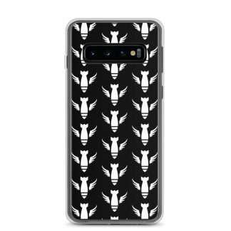 Image of a black Sniper Elite 5 Samsung galaxy s10 case with the Commandos faction emblem going down the case in three rows