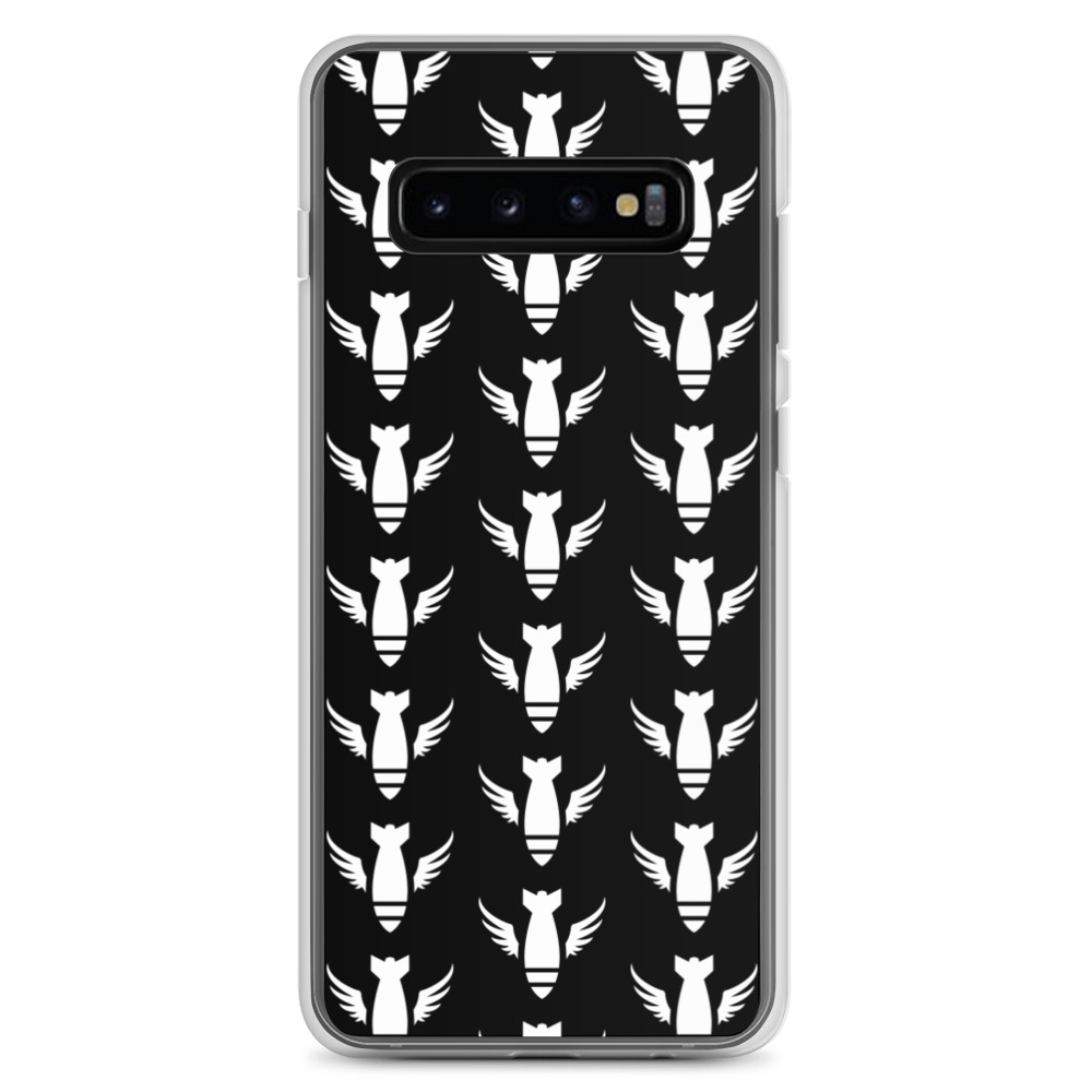Image of a black Sniper Elite 5 Samsung galaxy s10 case with the Commandos faction emblem going down the case in three rows