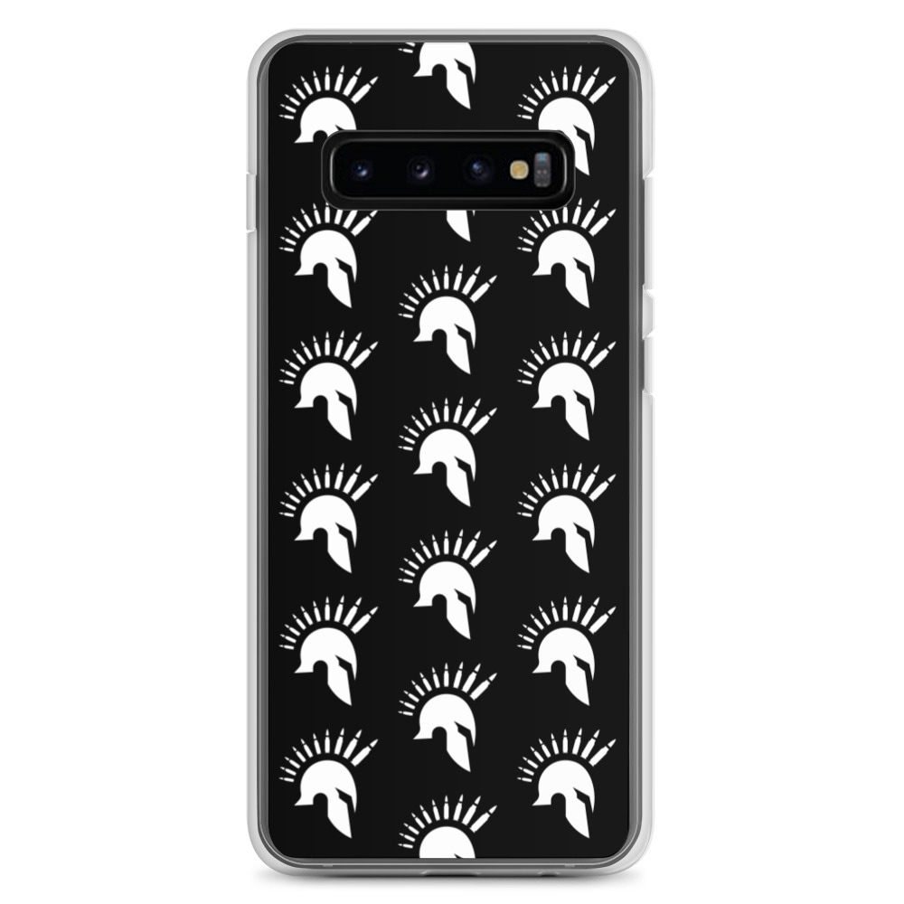 Image of a black Sniper Elite 5 Samsung Galaxy s10 case with the Warriors faction emblem going down the case in three rows