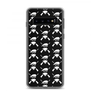 Image of a black Sniper Elite 5 Samsung Galaxy s10 case with the Renegades faction emblem going down the case in three rows