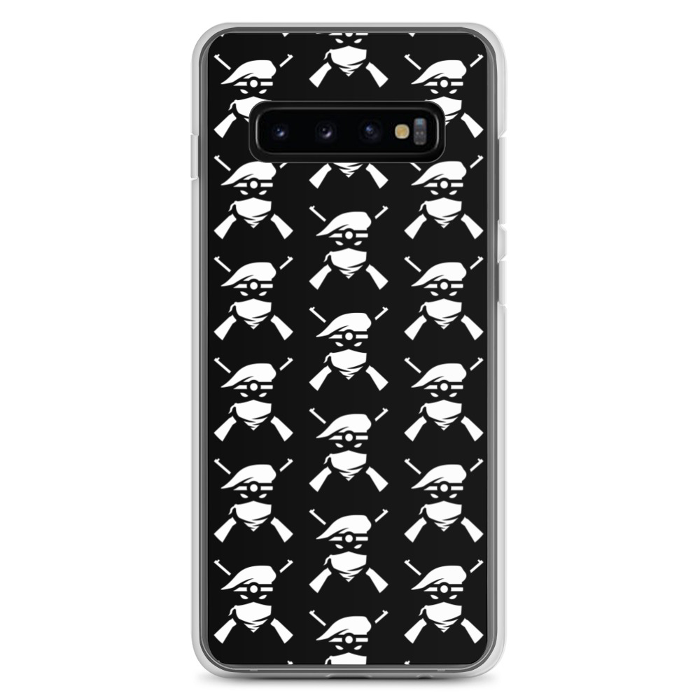 Image of a black Sniper Elite 5 Samsung Galaxy s10 case with the Renegades faction emblem going down the case in three rows