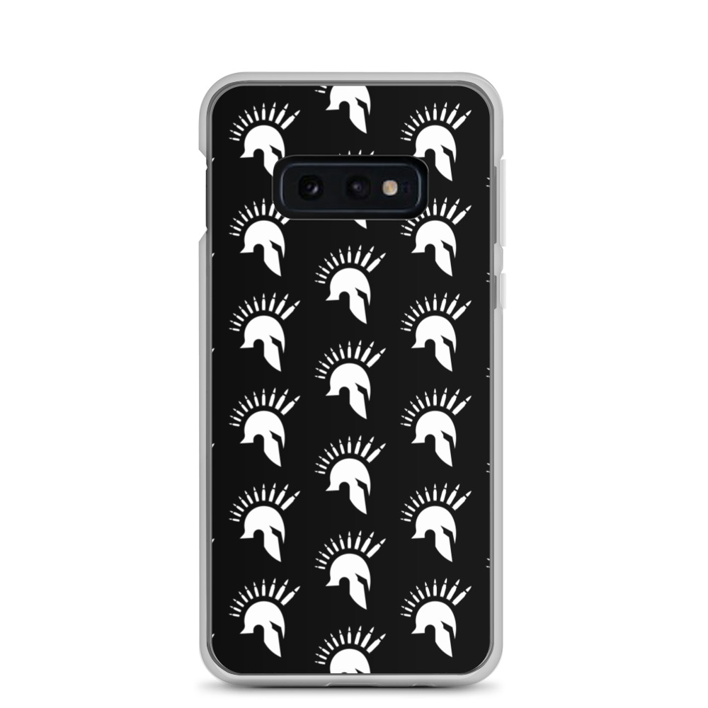 Image of a black Sniper Elite 5 Samsung Galaxy s10e case with the Warriors faction emblem going down the case in three rows