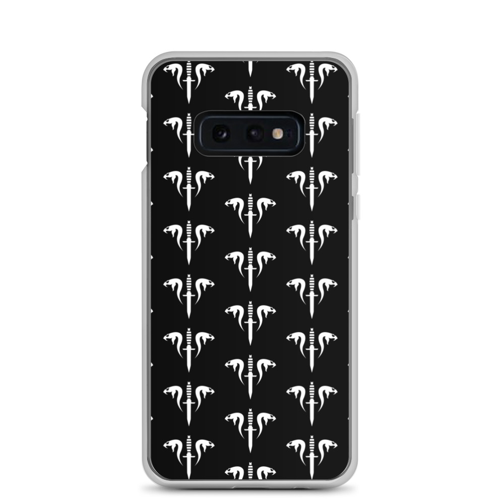 Image of a black Sniper Elite 5 Samsung Galaxy s10e case with the Mercenaries faction emblem going down the case in three rows