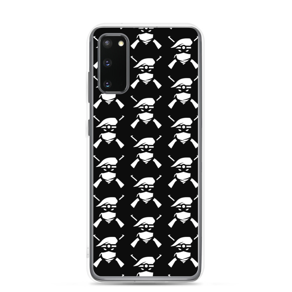 Image of a black Sniper Elite 5 Samsung Galaxy s20 case with the Renegades faction emblem going down the case in three rows