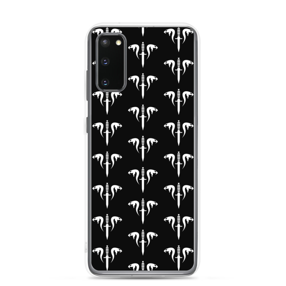 Image of a black Sniper Elite 5 Samsung Galaxy s20 case with the Mercenaries faction emblem going down the case in three rows