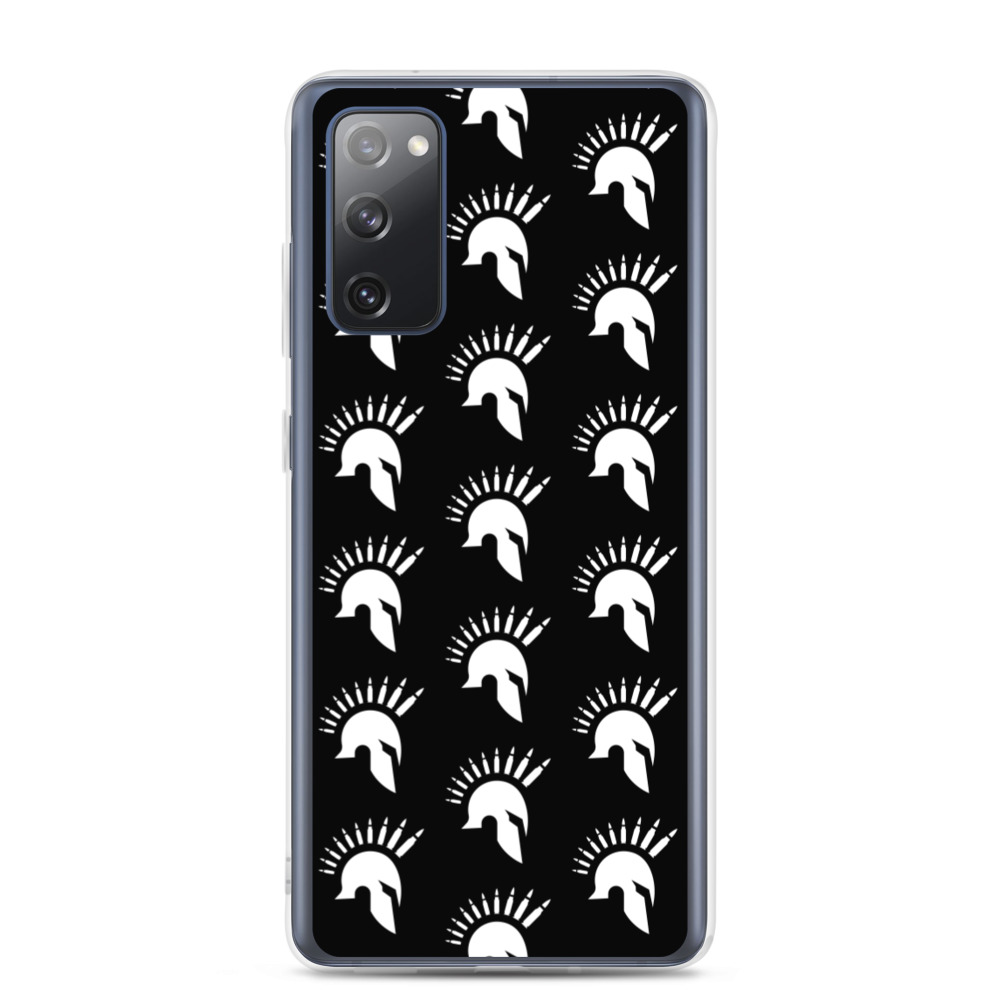 Image of a black Sniper Elite 5 Samsung Galaxy s20-fe case with the Warriors faction emblem going down the case in three rows