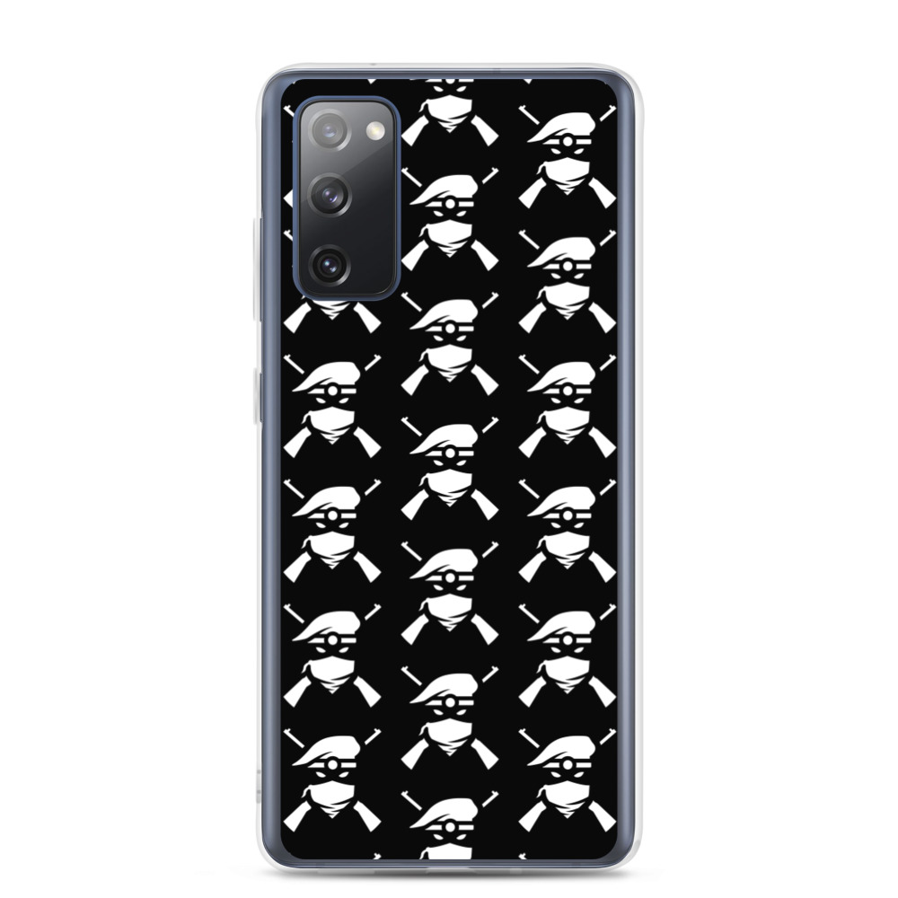 Image of a black Sniper Elite 5 Samsung Galaxy s20-fe case with the Renegades faction emblem going down the case in three rows