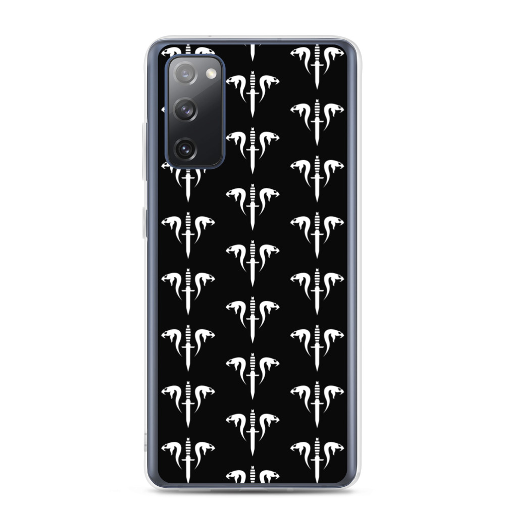 Image of a black Sniper Elite 5 Samsung Galaxy s20-fe case with the Mercenaries faction emblem going down the case in three rows