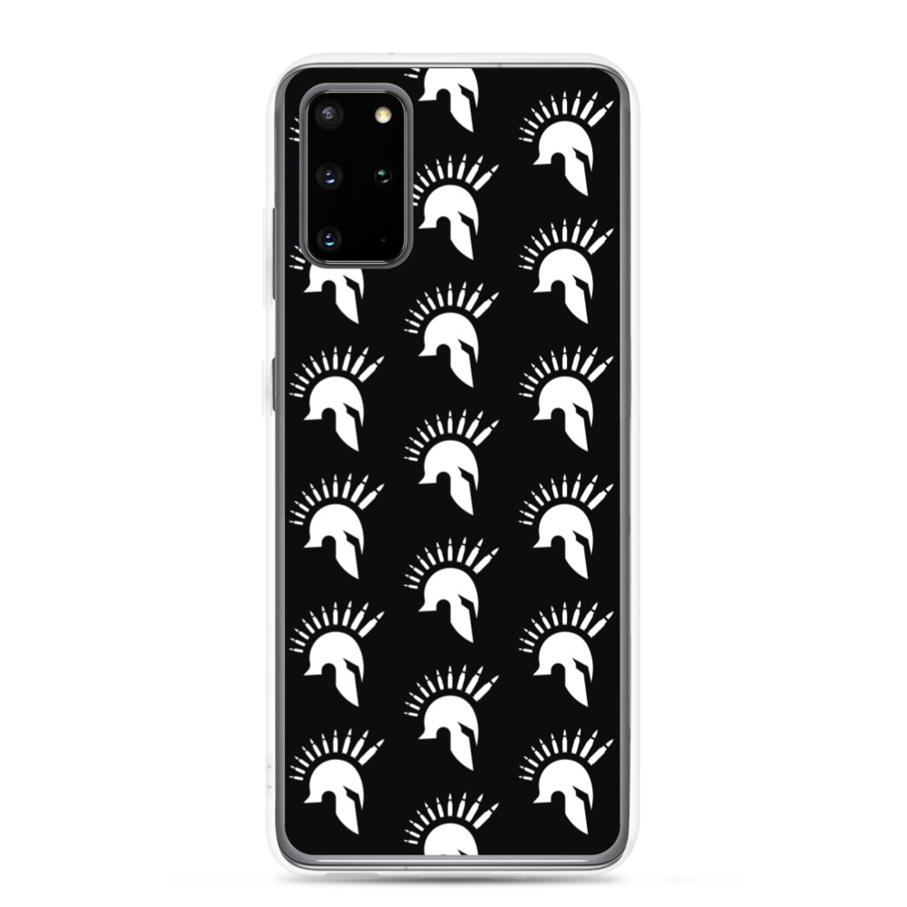 Image of a black Sniper Elite 5 Samsung Galaxy s20 plus case with the Warriors faction emblem going down the case in three rows