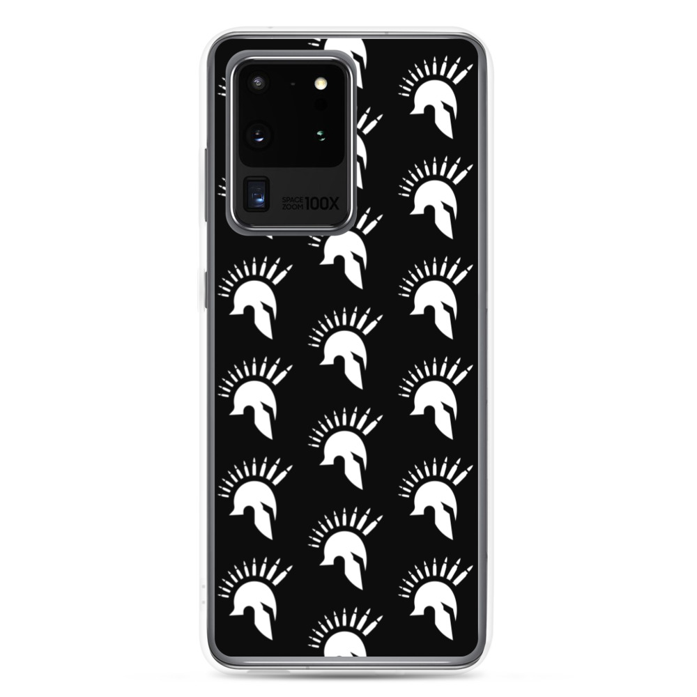 Image of a black Sniper Elite 5 Samsung Galaxy s20 ultra case with the Warriors faction emblem going down the case in three rows