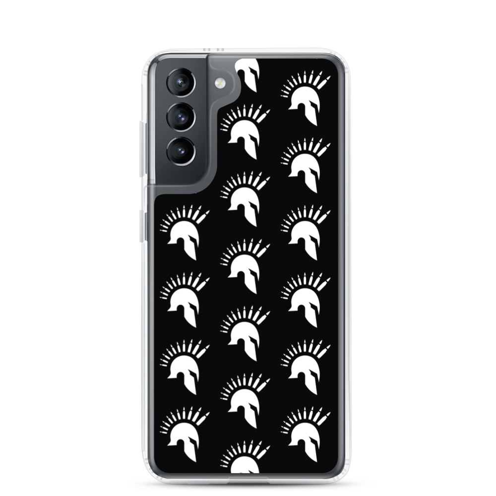 Image of a black Sniper Elite 5 Samsung Galaxy s21 case with the Warriors faction emblem going down the case in three rows