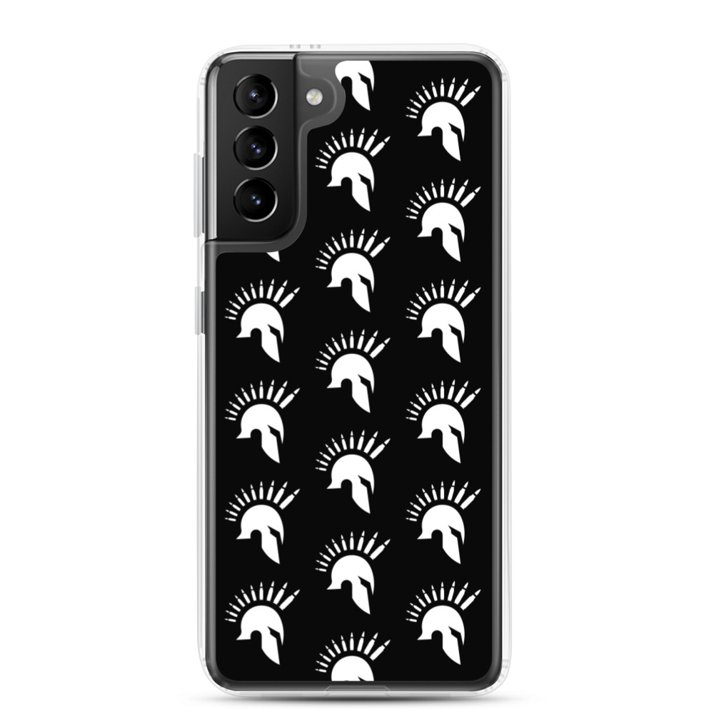 Image of a black Sniper Elite 5 Samsung Galaxy s21 plus case with the Warriors faction emblem going down the case in three rows