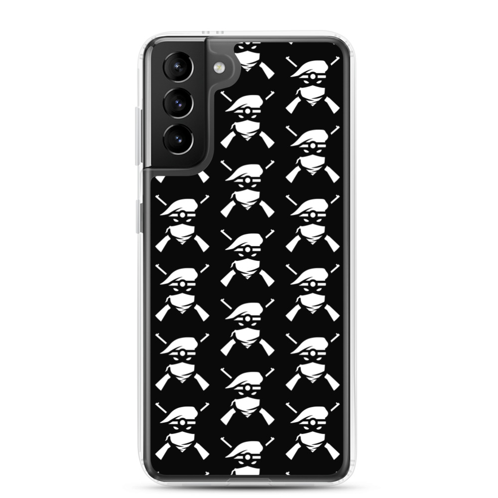 Image of a black Sniper Elite 5 Samsung Galaxy s21 case with the Renegades faction emblem going down the case in three rows