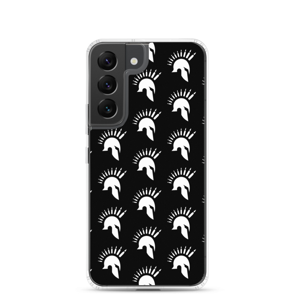 Image of a black Sniper Elite 5 Samsung Galaxy s22 case with the Warriors faction emblem going down the case in three rows