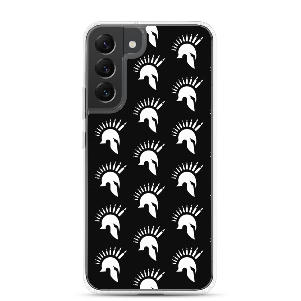 Image of a black Sniper Elite 5 Samsung Galaxy s22 plus case with the Warriors faction emblem going down the case in three rows