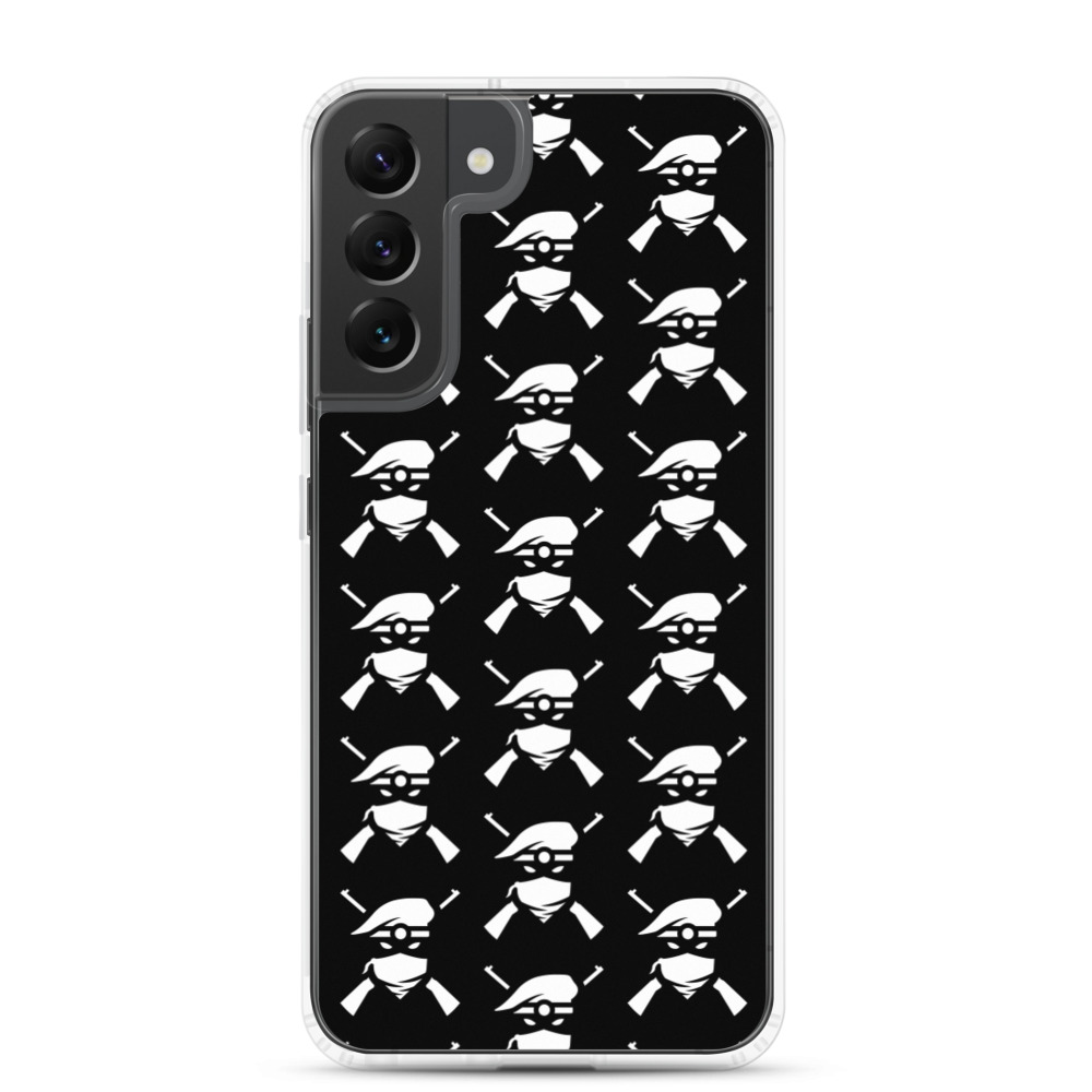Image of a black Sniper Elite 5 Samsung Galaxy s22 plus case with the Renegades faction emblem going down the case in three rows