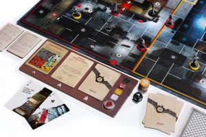 Image of the Sniper Elite game board with Figurines, card and game pieces representing solo play
