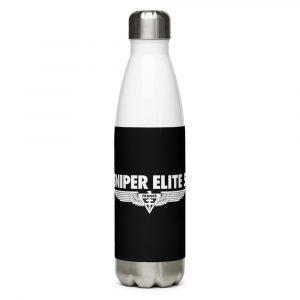 Image of a Black and white water bottle featuring Sniper Elite 5 logo