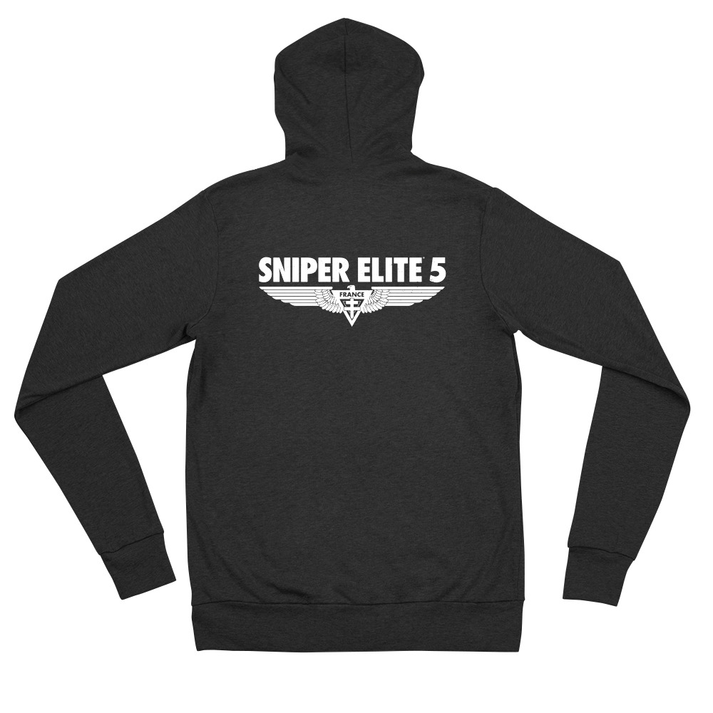 Image of a black hoodie with a large Sniper Elite 5 emblem on the back