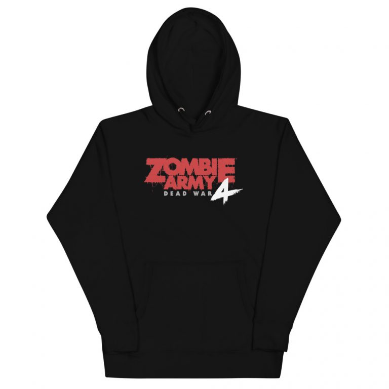 Image of a Black Hoodie with a large red lettered Zombie Army 4: Dead War lol in the middle the words Dead War and the number 4 are white