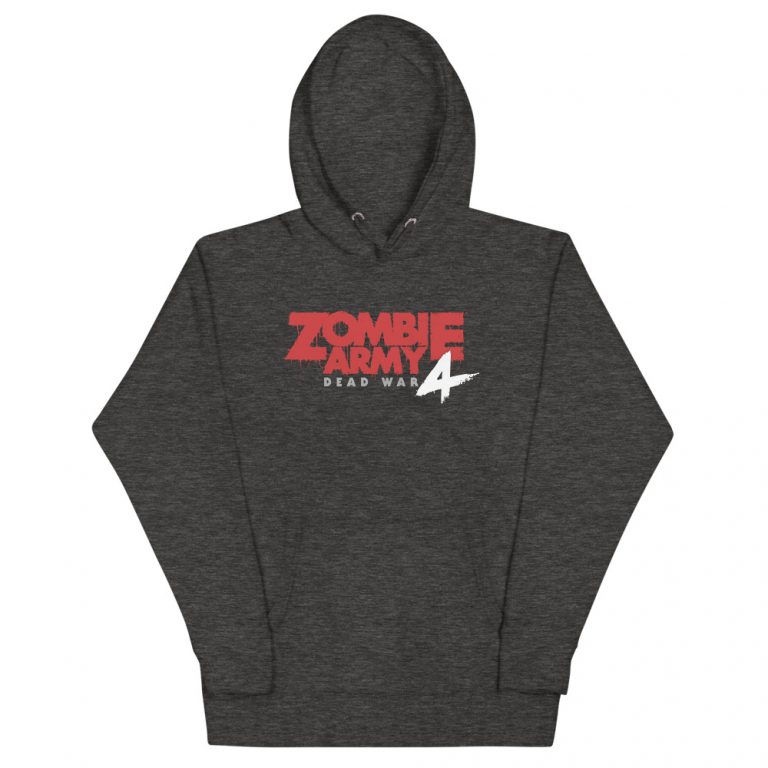 Image of a Charcoal Hoodie with a large red lettered Zombie Army 4: Dead War lol in the middle the words Dead War and the number 4 are white