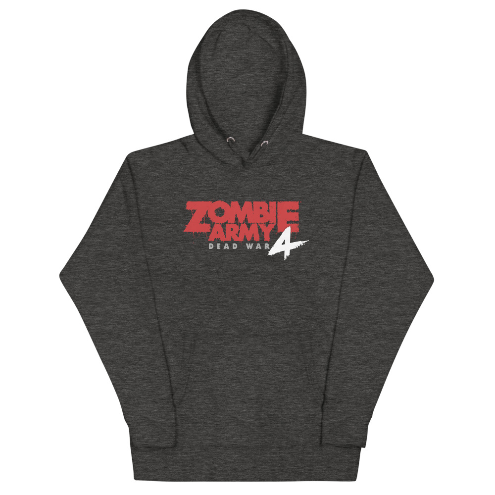 Image of a Charcoal Hoodie with a large red lettered Zombie Army 4: Dead War lol in the middle the words Dead War and the number 4 are white