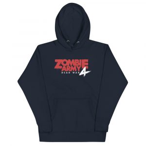 Image of a Navy Hoodie with a large red lettered Zombie Army 4: Dead War lol in the middle the words Dead War and the number 4 are white