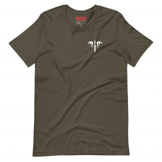 Image of a brown coloured Sniper Elite 5 t-shirt featuring a small Mercenaries emblem on the left breast pocket