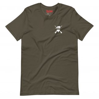 Image of a brown coloured Sniper Elite 5 t-shirt featuring a small Renegades emblem on the left breast pocket