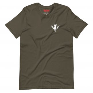 Image of a brown coloured Sniper Elite 5 t-shirt featuring a small Commandos emblem on the left breast pocket