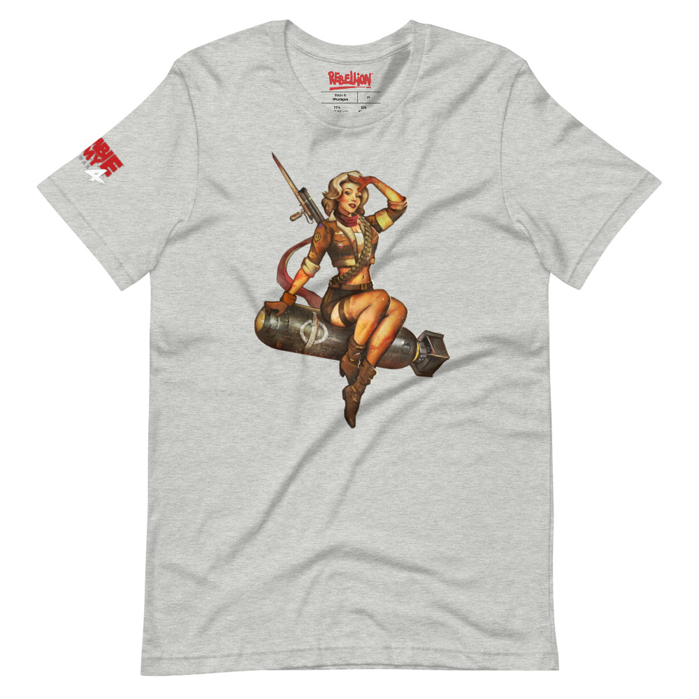 Image of a Athletic Heather T-shirt with a retro pinup girl sitting on bomb with a rifle on her back and ammo reels over her shoulder